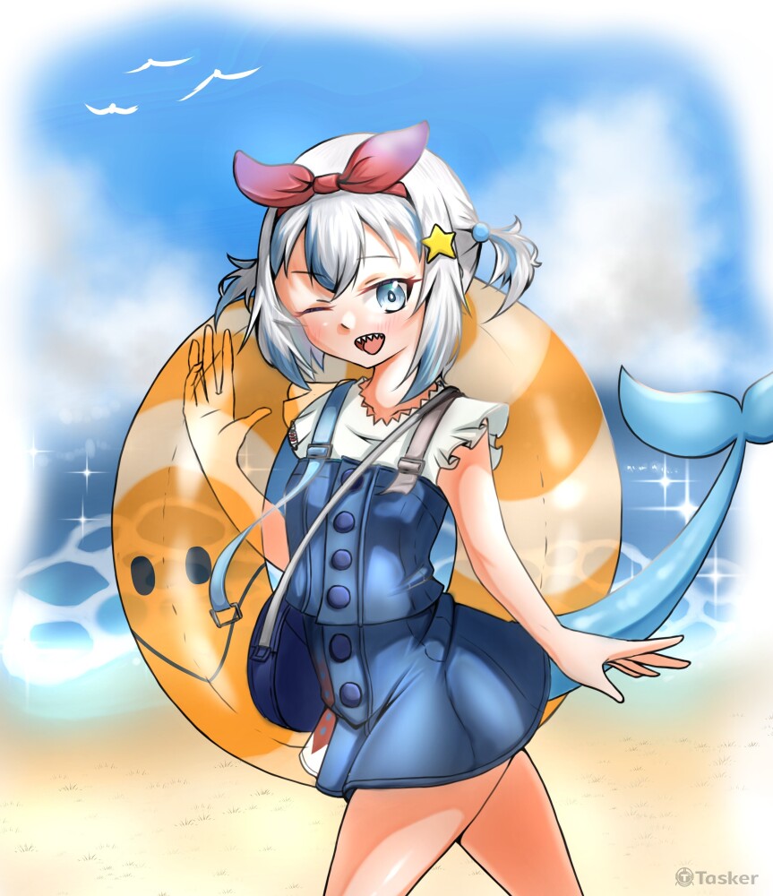 Gawr Gura-海灘上的鯊魚