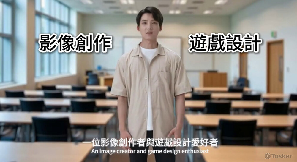 教室場景，人物對鏡頭自我介紹，搭配動態字卡。
