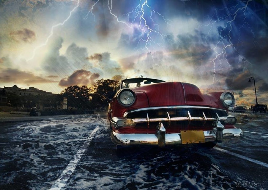 Red car in Havana sunset