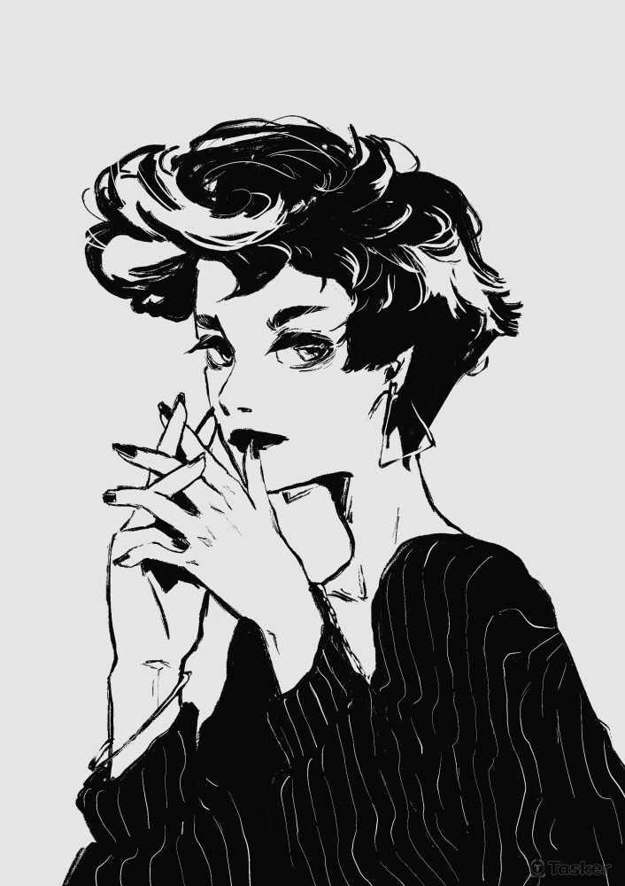 短髮女性-黑線人像