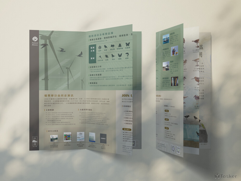 福爾摩沙自然史資訊｜A3尺寸DM，介紹生態調查公司，虛線為折線，折疊引導讀者閱讀