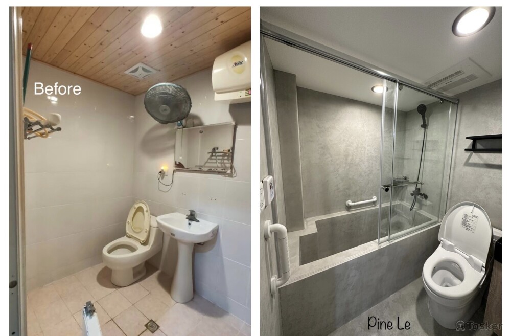 工業風、泥作浴缸、乾濕分離、吊隱式熱水器。