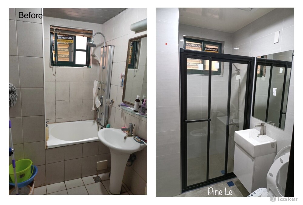 磁磚打除、乾溼分離、簡約風浴櫃組、免治馬桶。