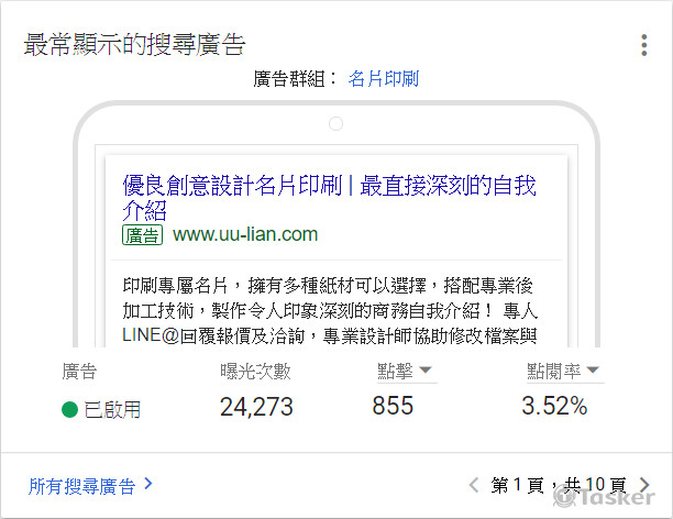 關鍵字廣告案例-名片相關關鍵字投放