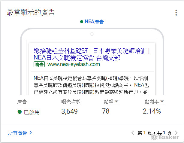 關鍵字廣告案例-嫁接睫毛課程相關關鍵字投放