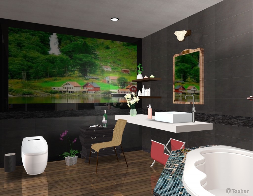 4-採用大面積的＂暗色方塊牆面＂及大幅＂風景畫＂，呼應＂拼木地板＂散發出的自然氛圍