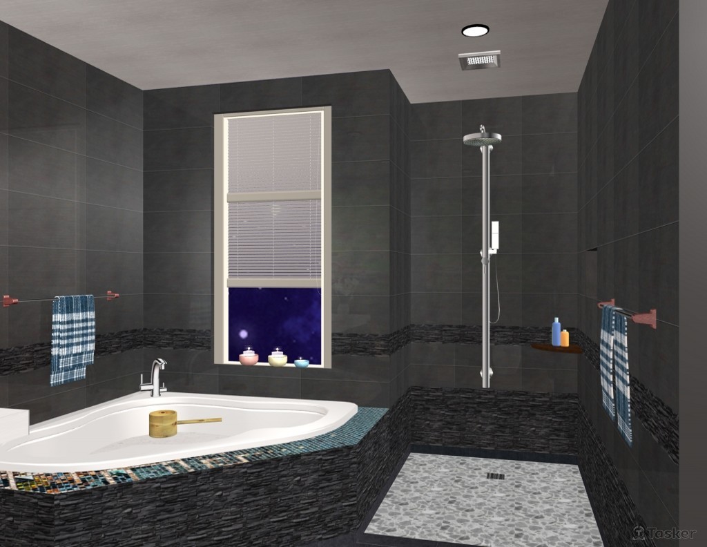 2-局部以搭配＂明亮的燈光＂和＂白色＂浴缸，水槽和馬桶，有效提亮了整個空間，讓這間浴室看來個性十足