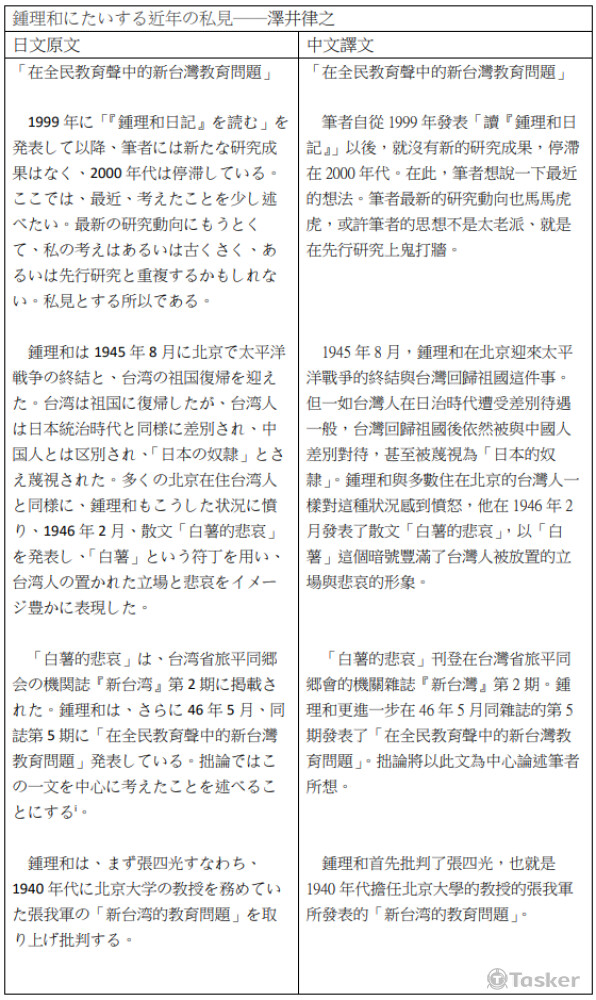 個人近年對鍾理和的見解(澤井律之)