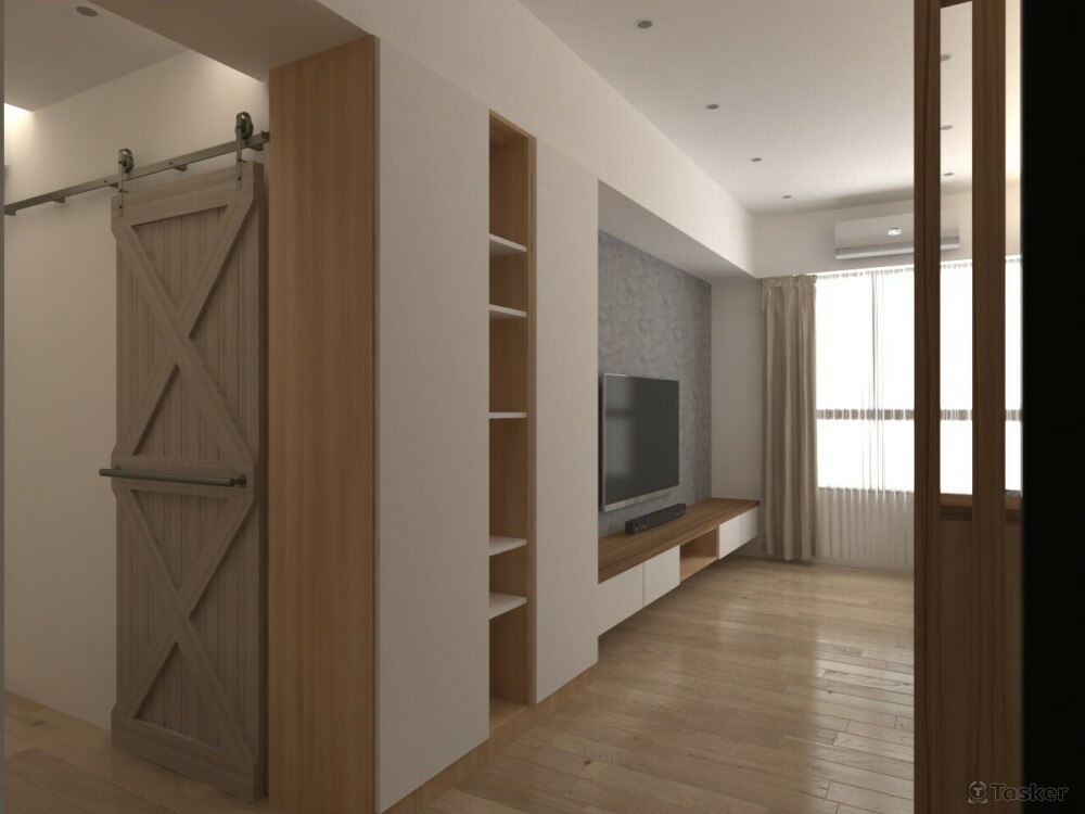 廚房造型門片連接電視收納櫃視角