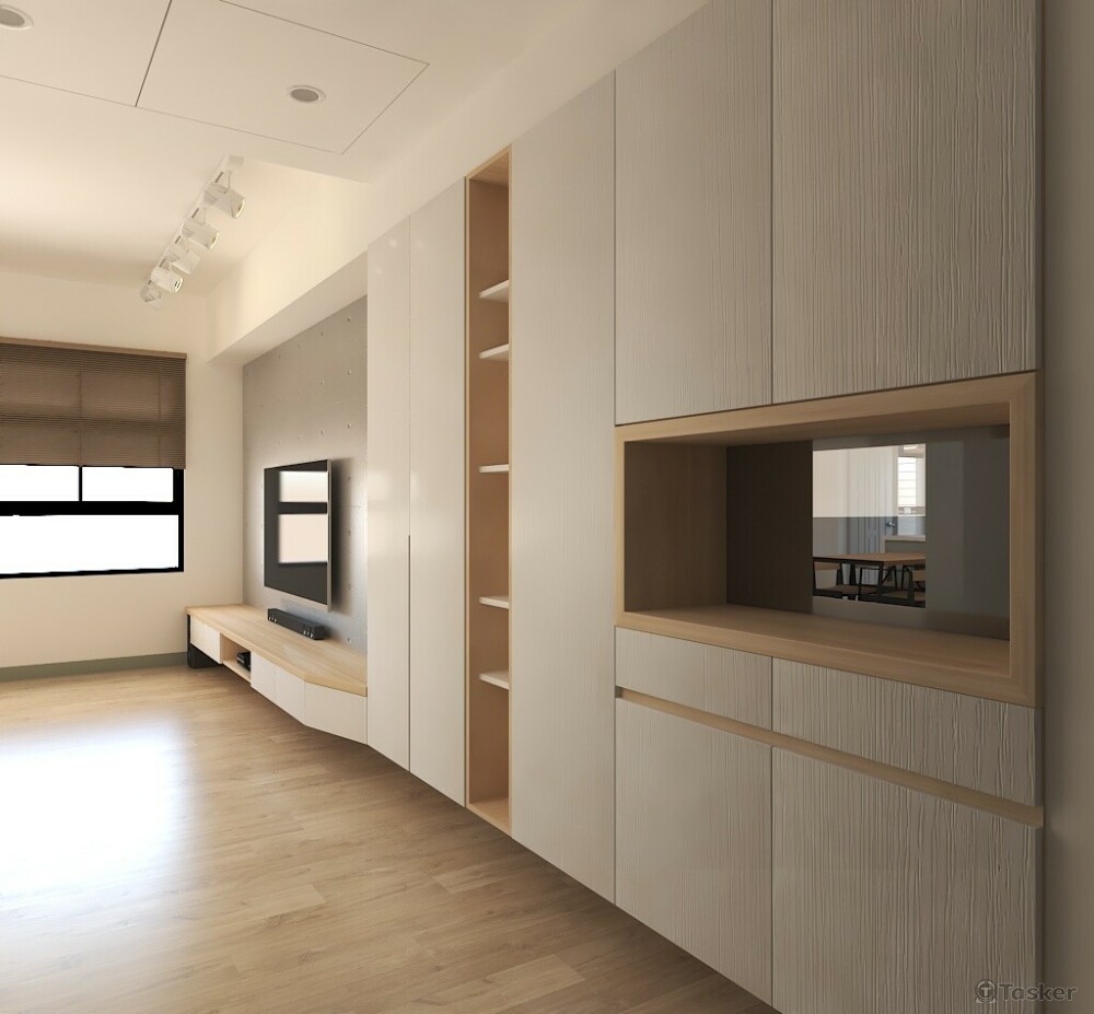 鞋櫃連接電視牆視角