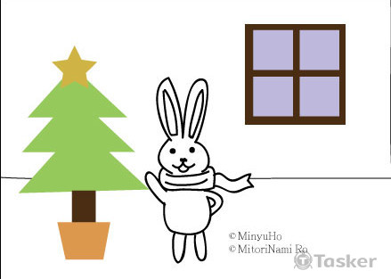 一個人房間內獨自一兔，裝飾著聖誕樹。其他甚麼也沒有。