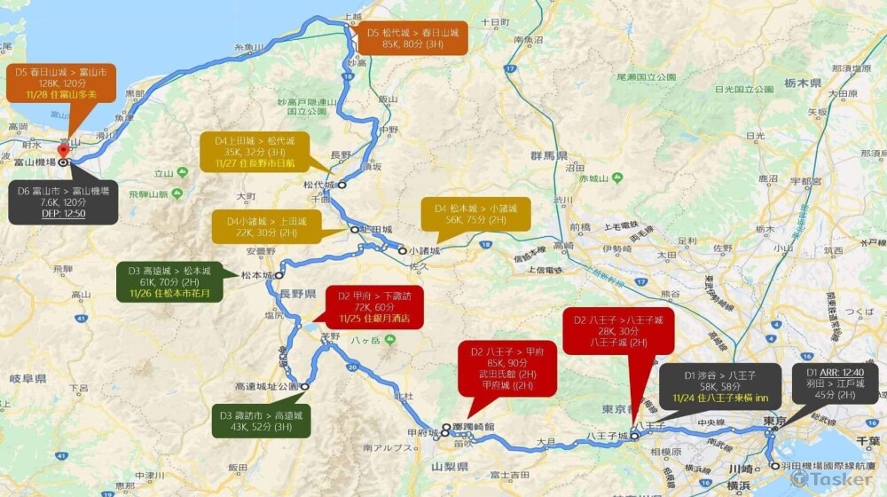 百大名城6日自駕攻10城，羽田機場進富山機場出；經東京、山梨、長野、新潟、富山