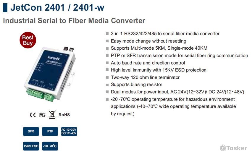 JetCon 2401-m 工業級串列埠轉光纖信號轉換器