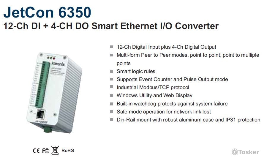 JetCon 6350 工業級智能12通道DI + 4通道DO乙太網IO轉換器