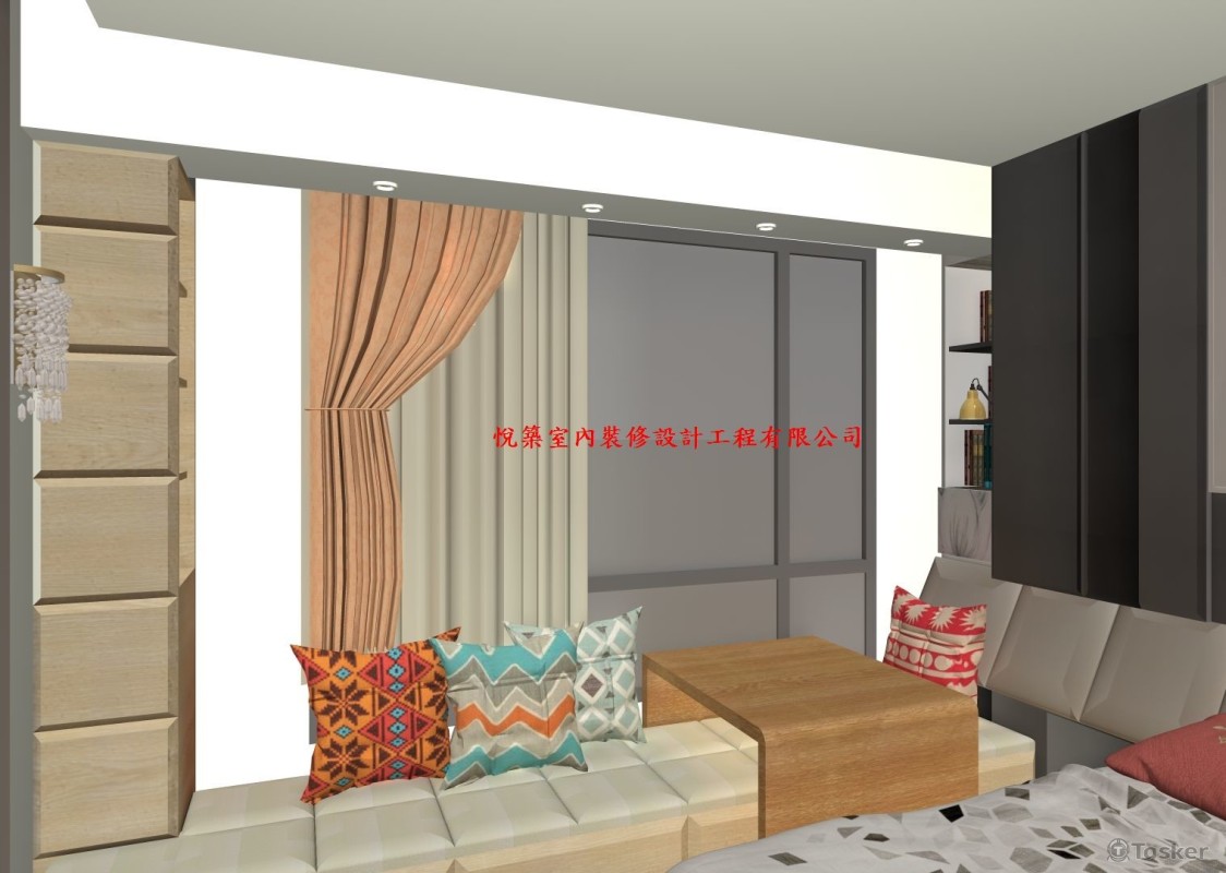 主臥(利用床頭衣櫃設計，放大空間利用，成功克服坪數較小動線不佳的壓迫感)