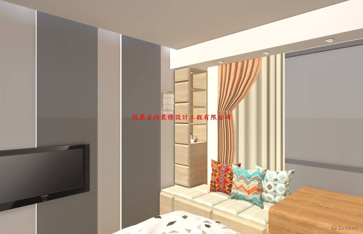 主臥臥鋪(統合男主人的閱讀與女主人梳化的空間需求，倚窗設計可充分享受窗外的自然採光及無遮擋的VIEW，也非常適合沉思、培