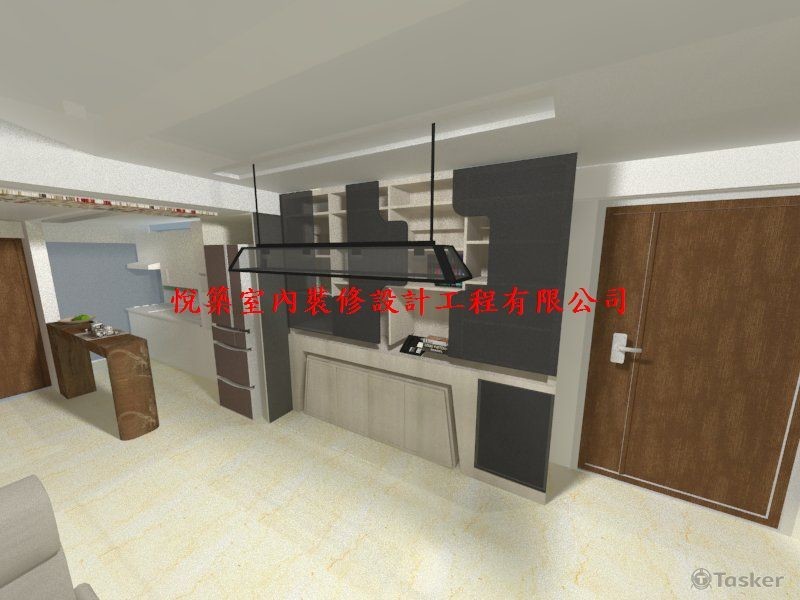 餐廳區(以櫃體形塑出展示櫃、事務機櫃、影音設備積櫃等複合式空間)