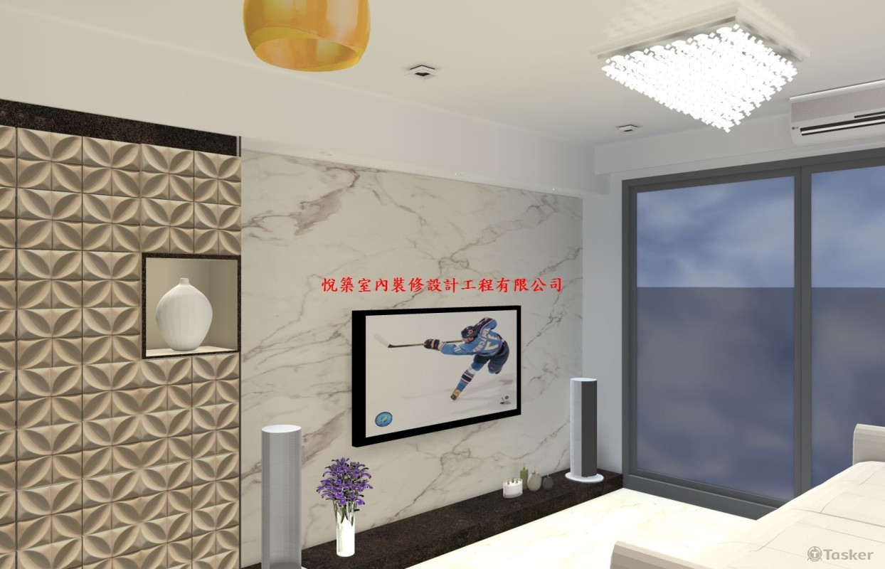 客廳以系統櫃及大面天然石材營造出簡約大氣的空間氛圍。