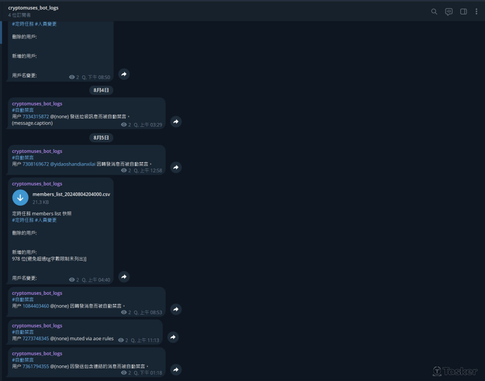 協助群組製作垃圾訊息阻擋、群組成員變化監測的bot