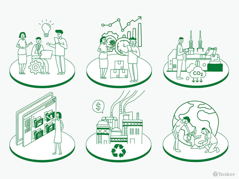 將較艱深的字眼，例如「綠色製造管理導入」透過了解文意後轉換為較易懂的插圖。