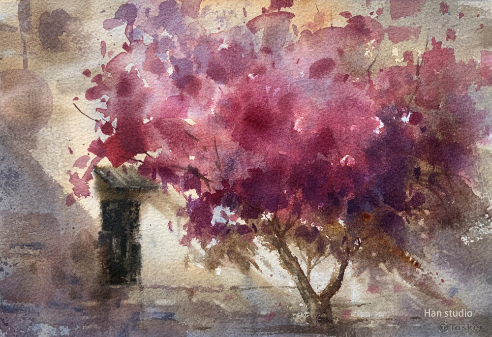 光感風景水彩課堂示範2，粉色系較多配色