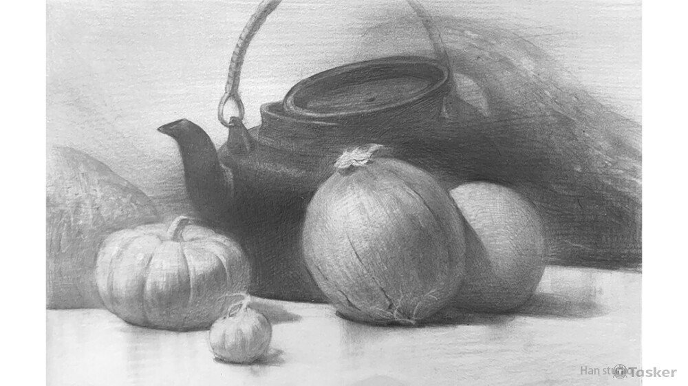 南瓜靜物組合課堂示範，這張很適合初學者練習形狀的排列