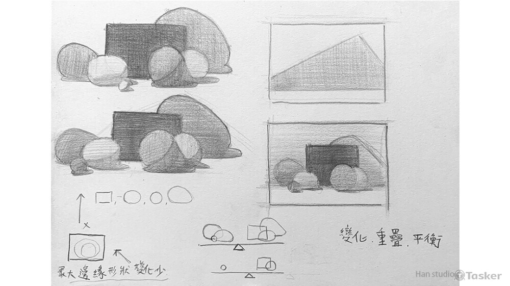 形狀構成解說，如何用不同大小特徵形狀排列，製造出多變有趣的畫面