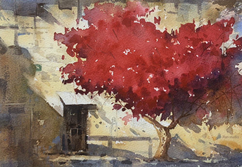 光感風景水彩課堂示範1，帶著學員瞭解光照到物體的顏色變化及產生的陰影