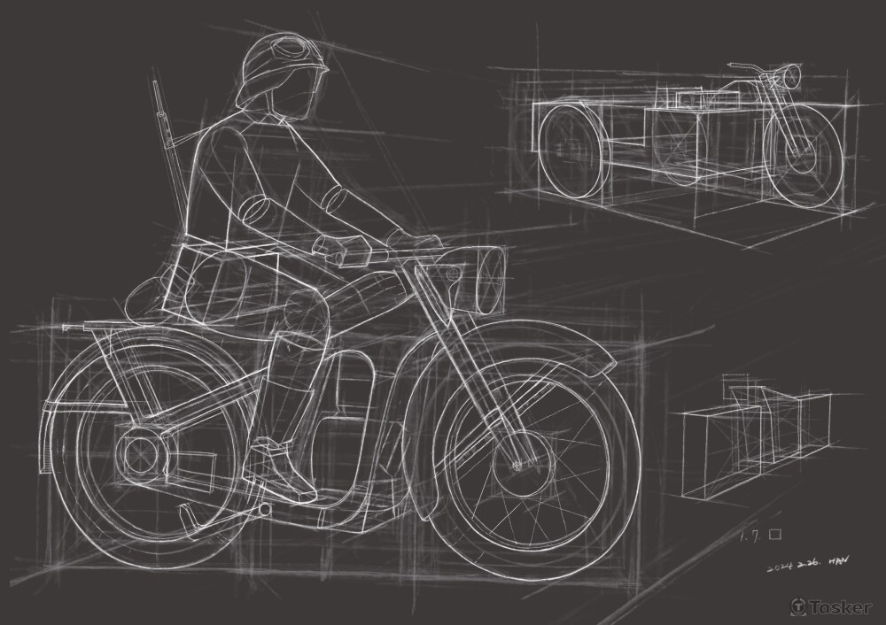 摩托車結構練習，須注意人與機車比例及透視合理