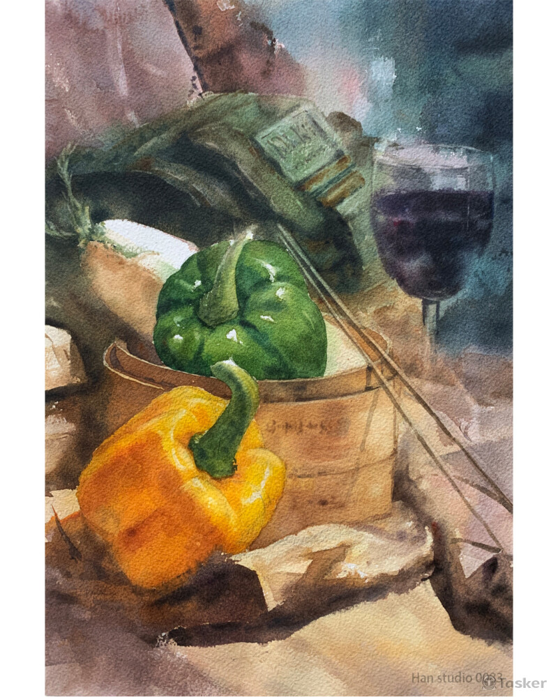 青椒水彩靜物課示範，這次做法分2-3層去染，多層去染可以讓顏色豐富變化