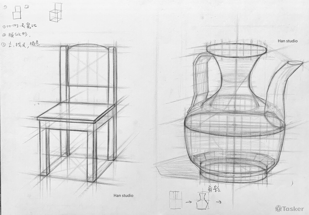 考牙醫學生課堂示範，因應考科素描，帶著學生了解比例及透視