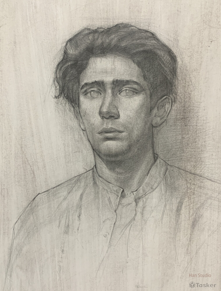 人像寫生，主要把時間花在找面部起伏結構上，減少鉛筆色調表現，搭配刷底色讓層次豐富