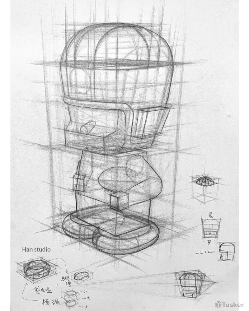 考牙醫學生公仔結構素描示範，練習零件化結構，學習曲面畫法