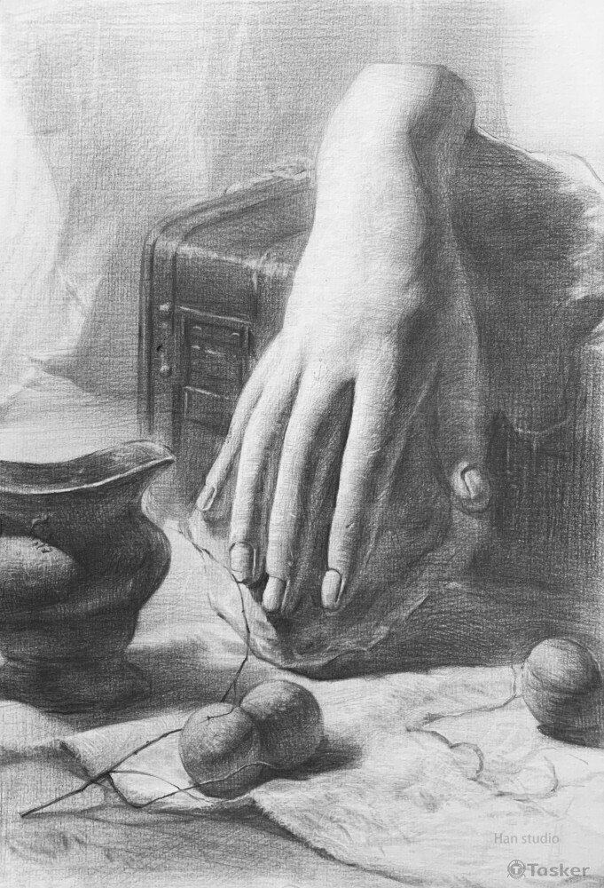 石膏手白色靜物組課堂示範，帶著同學練習黑、灰、白區塊分配