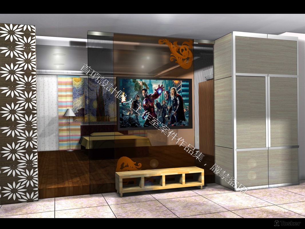 住宅電視櫃設計-茶玻及線簾