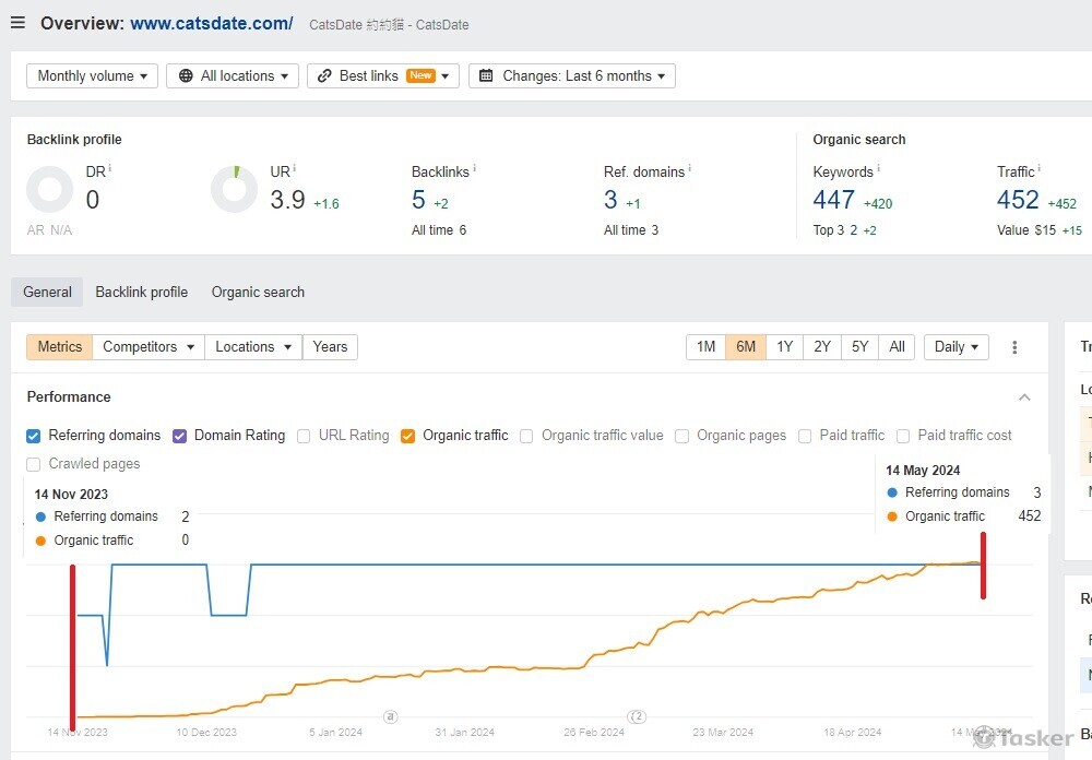 CatsDate部落格網站，半年內月平均流量從0到452。
