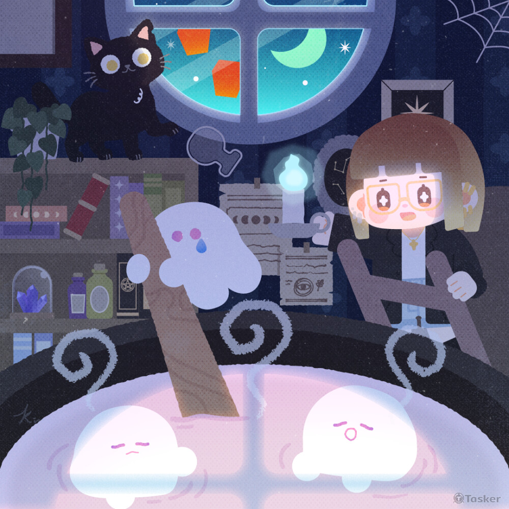 貓咪、Q版人物、魔法