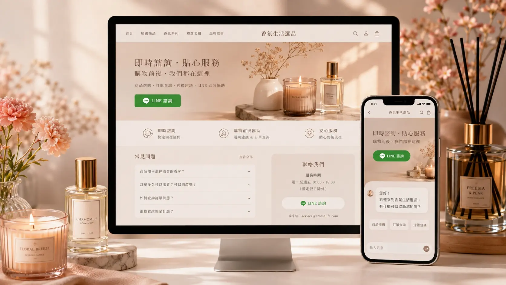 串接 LINE 官方帳號，提供購物前後的即時諮詢入口