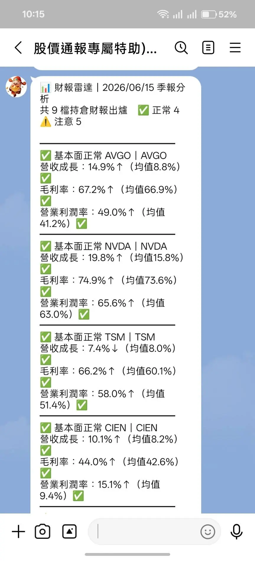季報出爐自動分析持倉財報，營收、毛利、利潤率一次比對，直送L