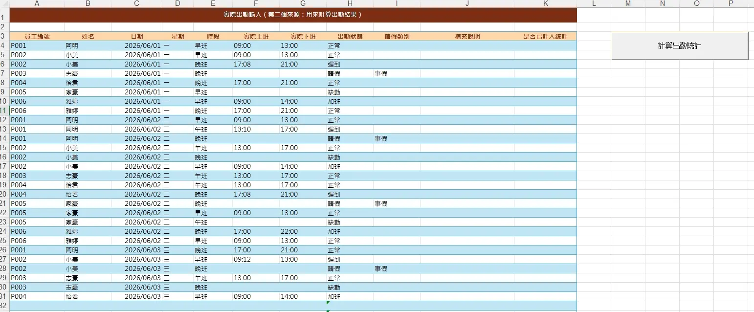 實際出勤輸入