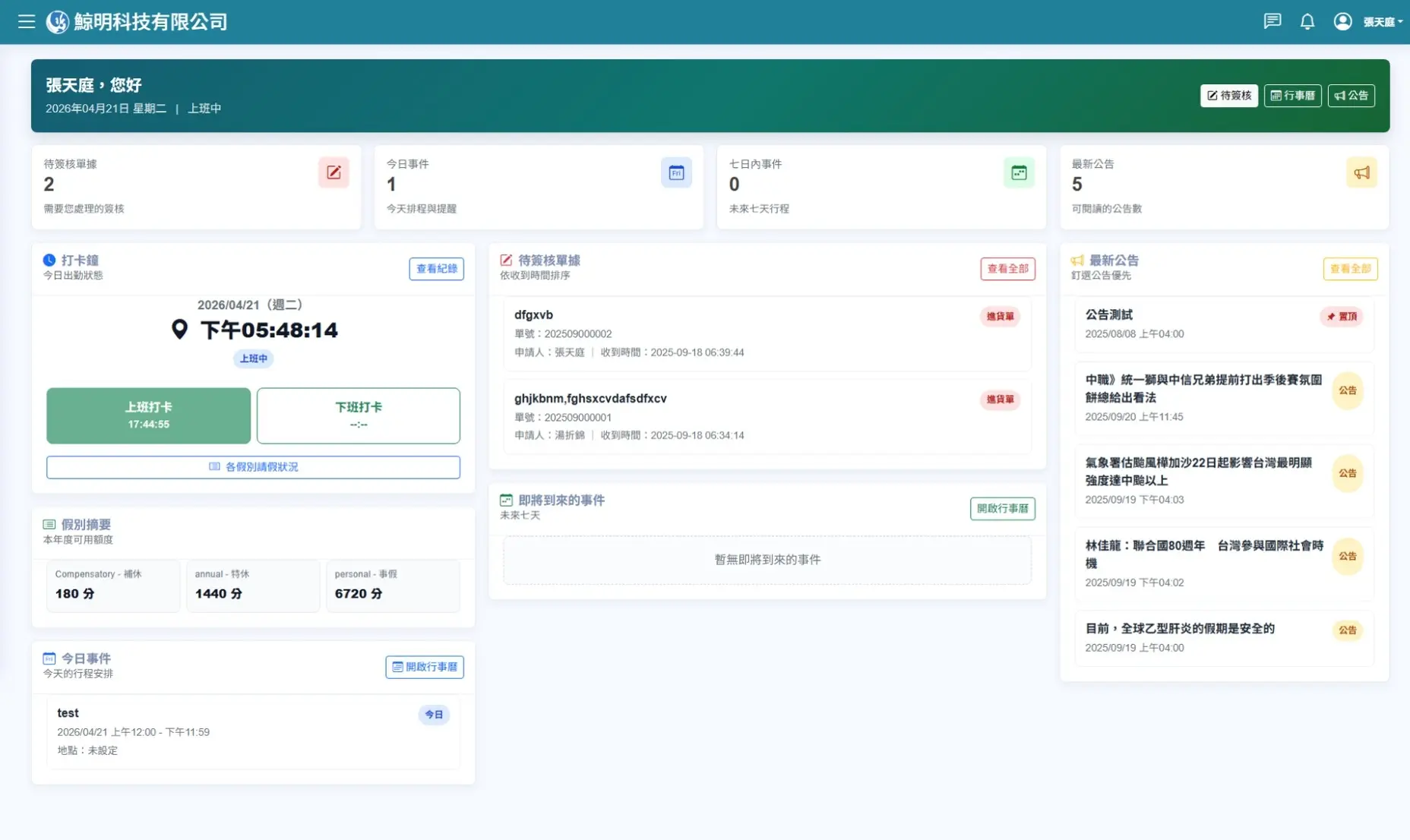 儀表板式的首頁設計，整合系統重要資訊