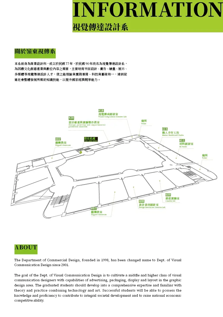 以設計大樓四樓為主，製作空間平面圖，標示各空間位置及使用方式