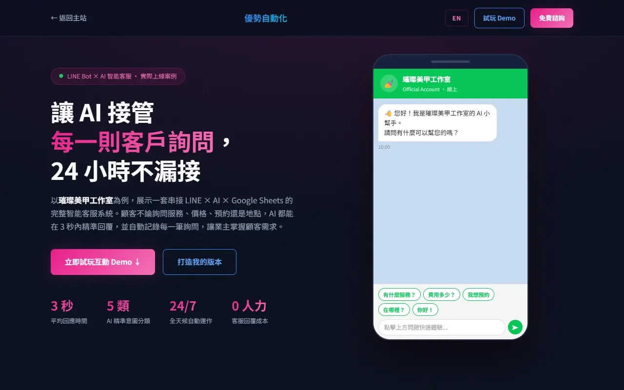 LINE Bot 串接 AI，24 小時自動回覆客戶詢問