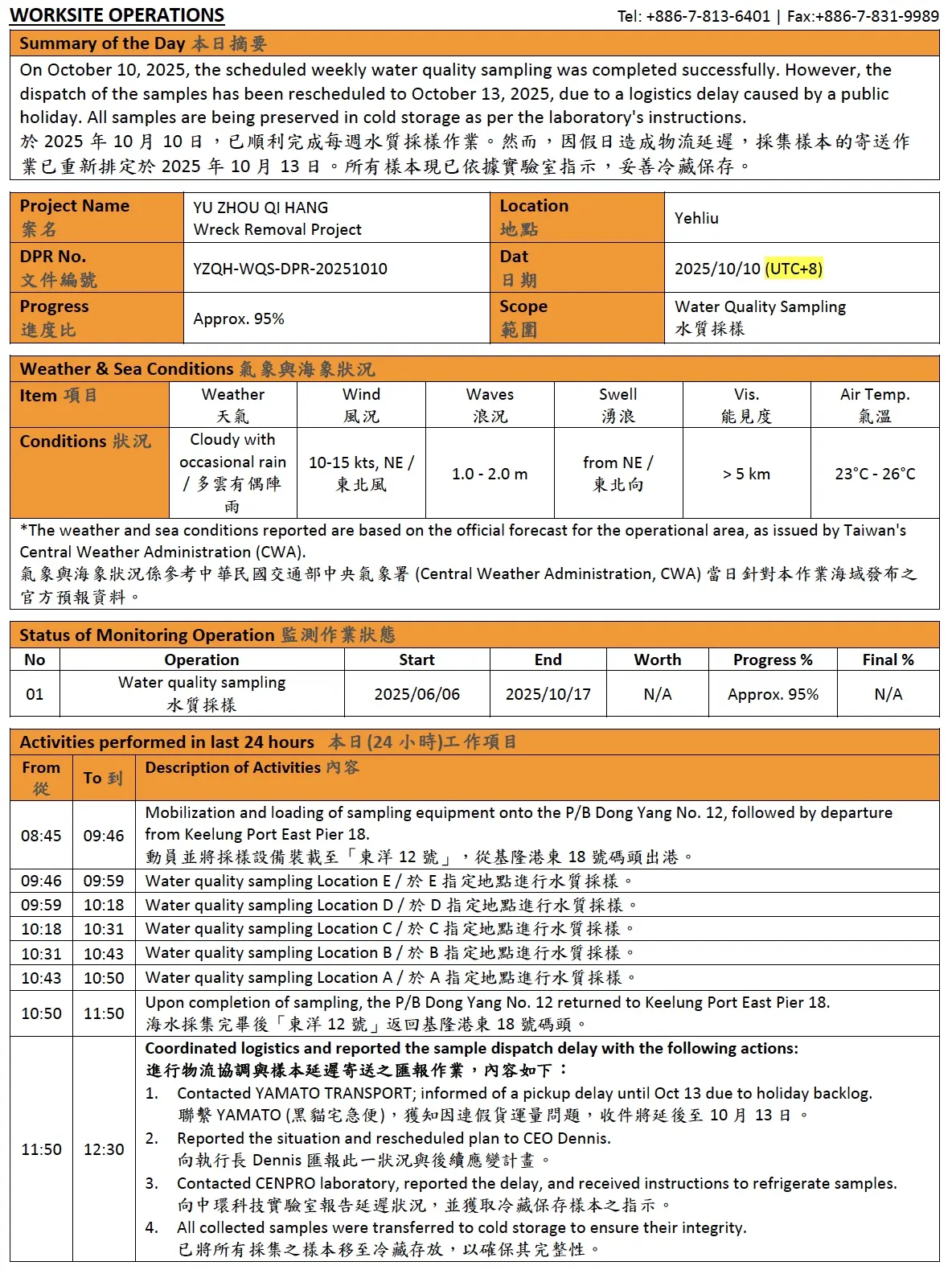 中英雙語日報表：完整紀錄水質採樣，與突發物流延遲的應變流程。