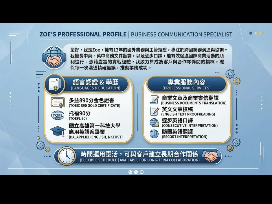 商業文章及商業書信翻譯 英文校稿 口譯